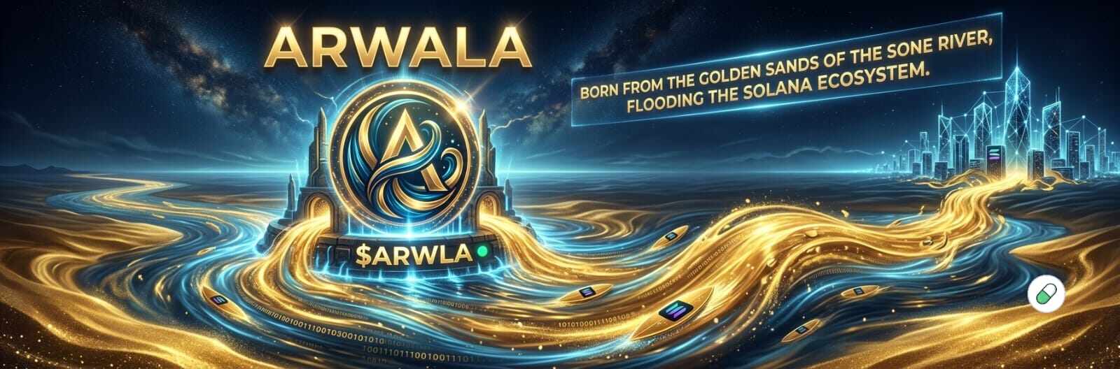 Golden and blue digital rivers flowing through the Arwala landscape